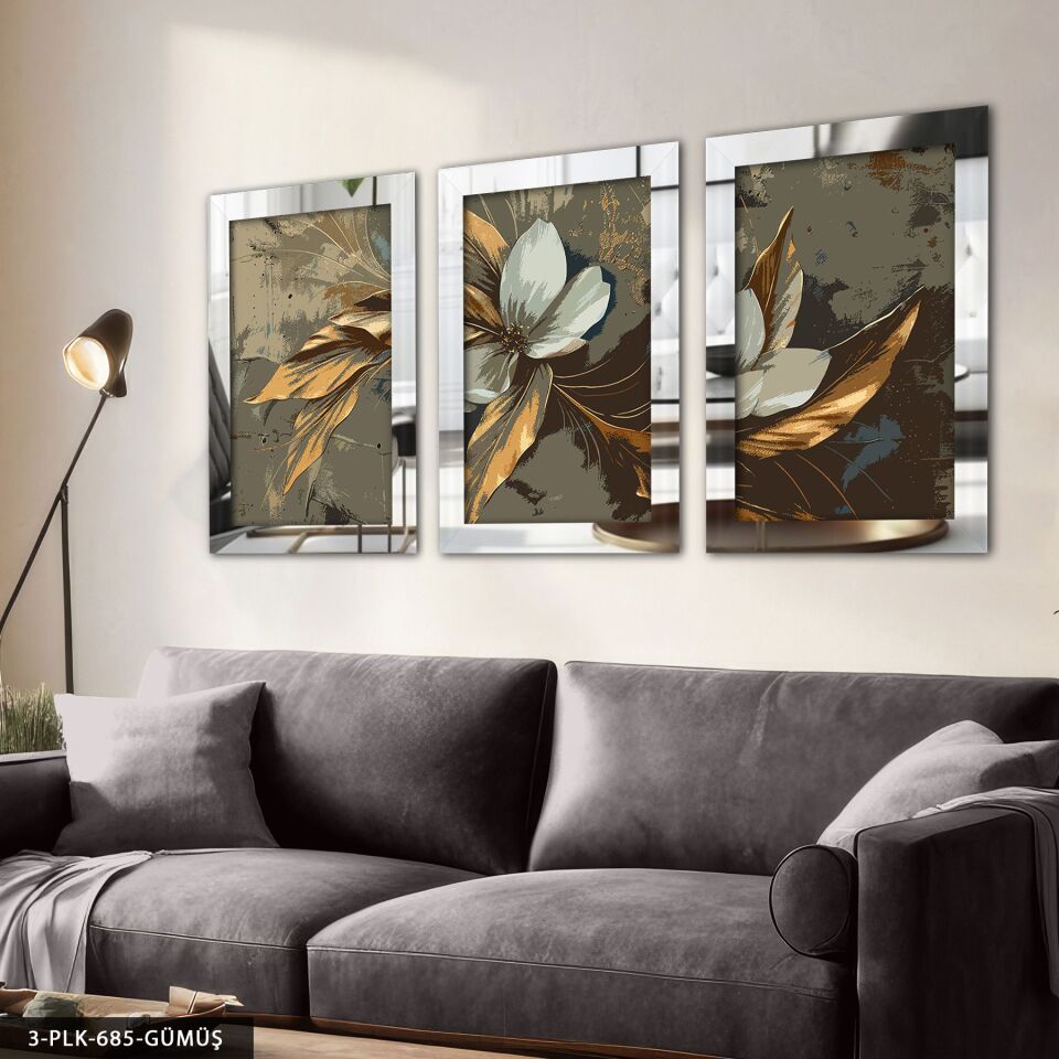 Yağlı Boya Görünümlü Gold Yapraklı Çiçek 3 Parça Pleksi Aynalı Tablo 50 x 70 CM - Gümüş