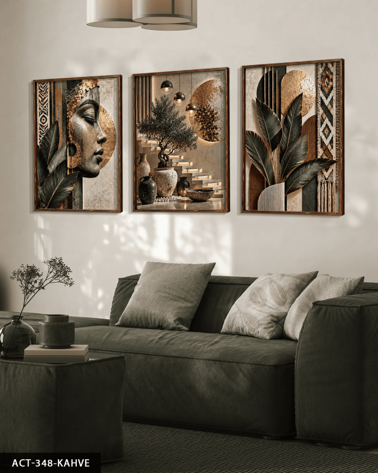 Afrikalı Kadın ve Yaprak 3 Parça Ahşap Çerçeveli Tablo ACT Kahverengi - 40 x 60 CM