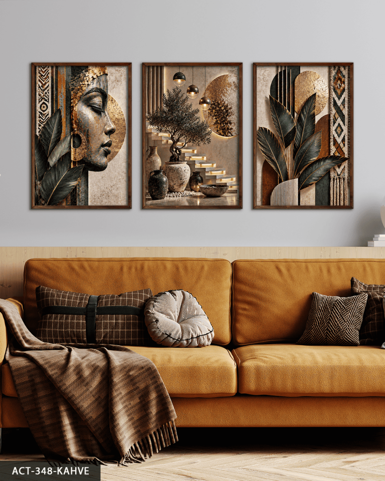 Afrikalı Kadın ve Yaprak 3 Parça Ahşap Çerçeveli Tablo ACT Kahverengi - 40 x 60 CM