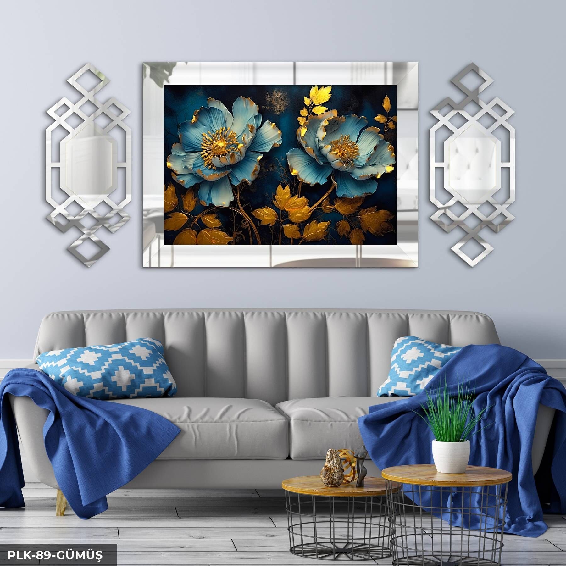 Gold Yapraklı Mavi Çiçek Yan Dekorlu 3 Parça Pleksi Tablo DKRPLK 130 x 25 CM - Gümüş