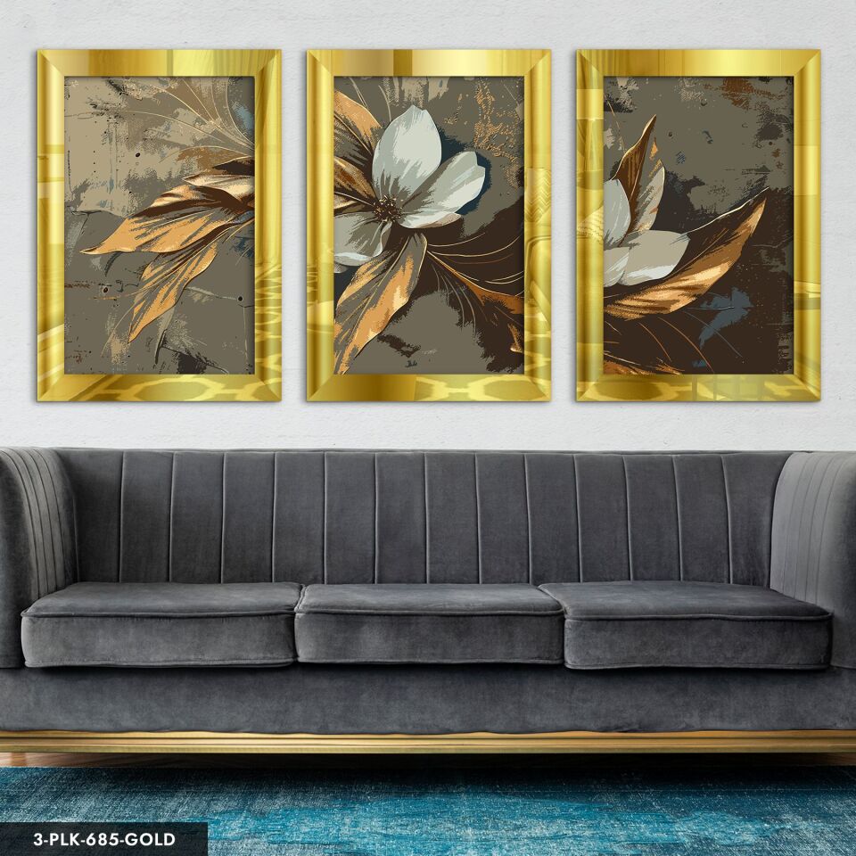 Yağlı Boya Görünümlü Gold Yapraklı Çiçek 3 Parça Pleksi Aynalı Tablo 50 x 70 CM - Gold