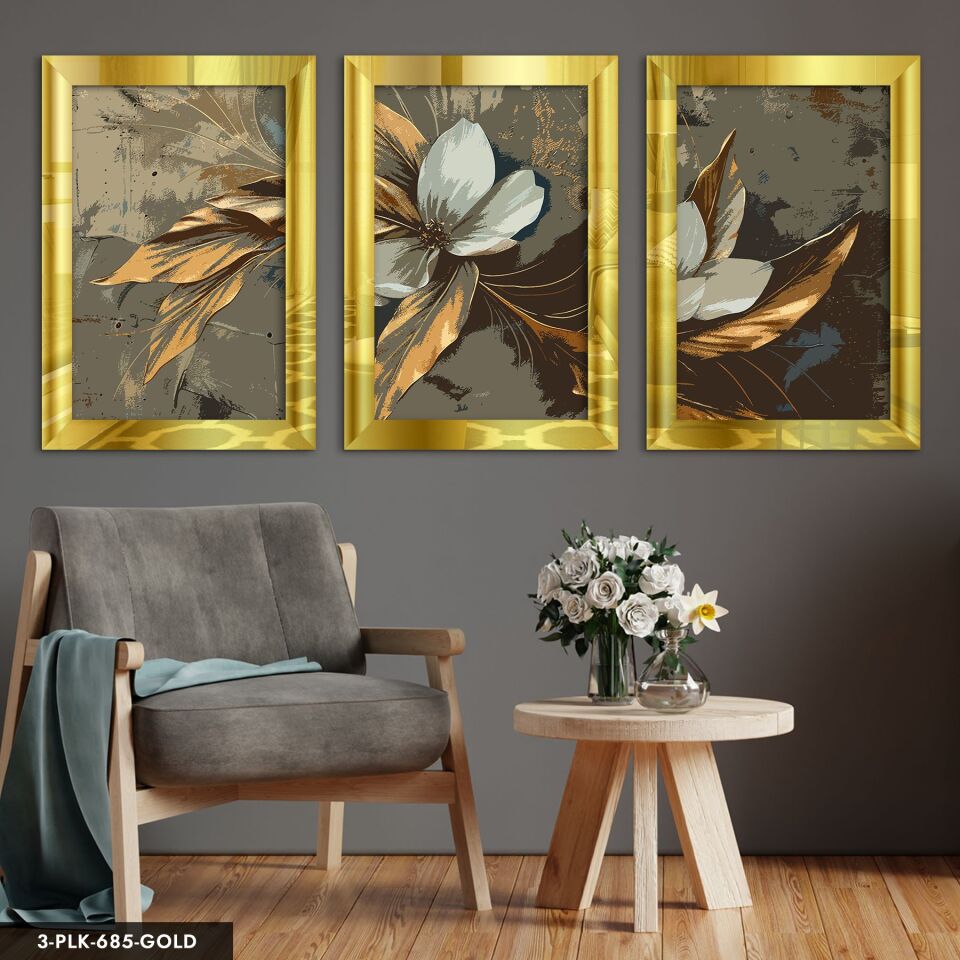 Yağlı Boya Görünümlü Gold Yapraklı Çiçek 3 Parça Pleksi Aynalı Tablo 50 x 70 CM - Gold