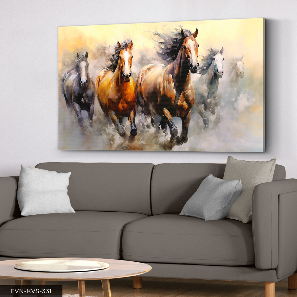 Kahverengi Koşan Atlar Tek Parça Kanvas - Canvas Tablo 140 x 90 CM - Çok Renkli
