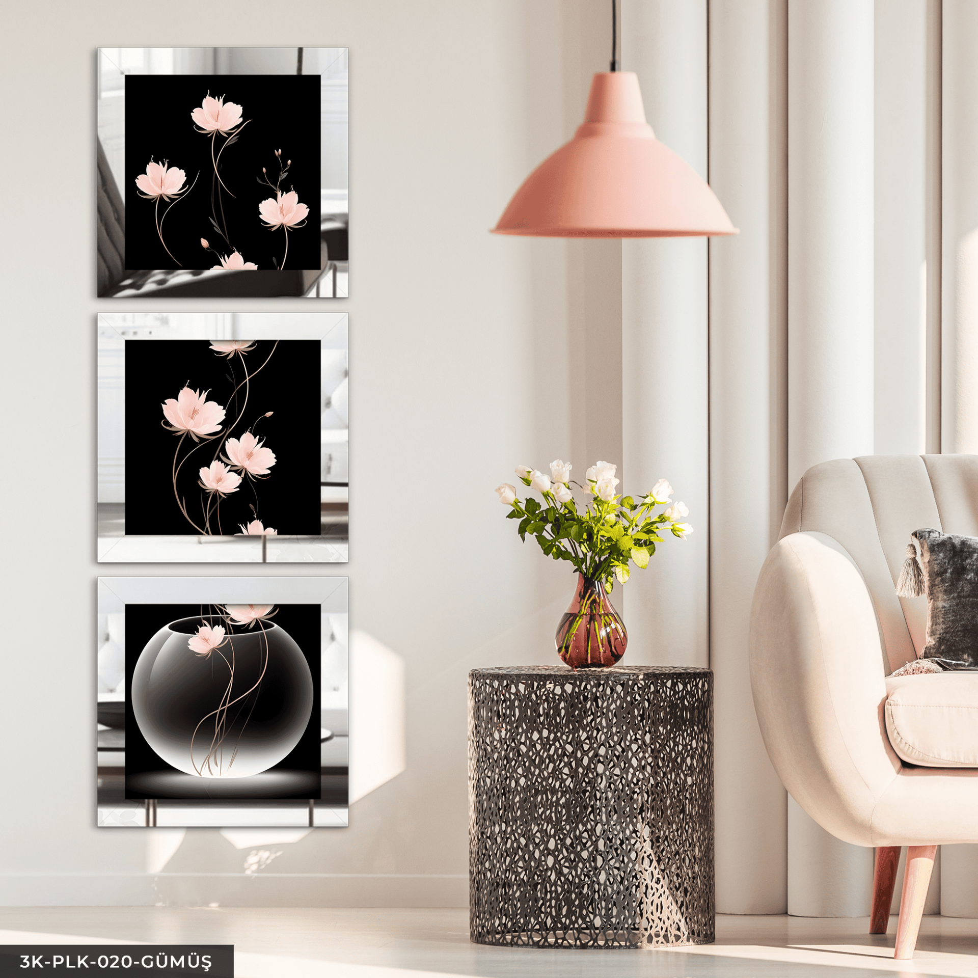 Uzun Saplı Pembe Lotus Çiçekleri 3 Parça Gümüş Pleksi Aynalı Çerçeveli Tablo