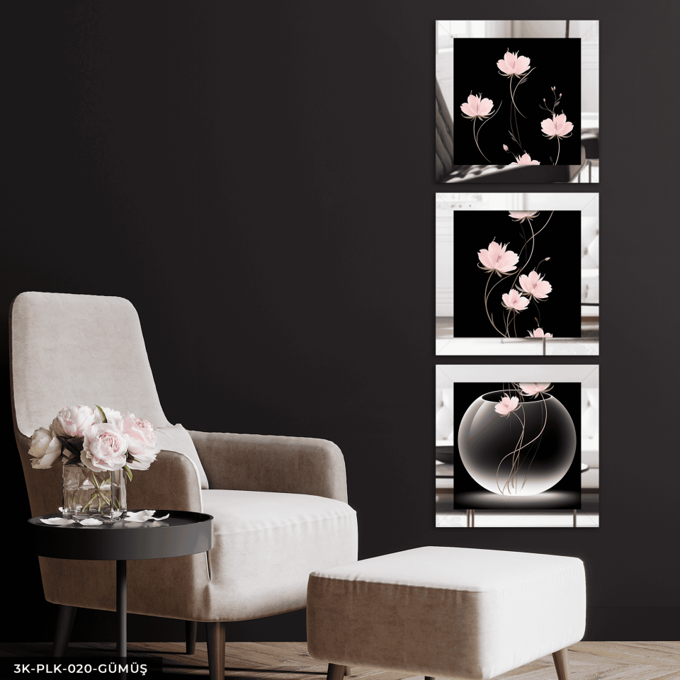 Uzun Saplı Pembe Lotus Çiçekleri 3 Parça Gümüş Pleksi Aynalı Çerçeveli Tablo