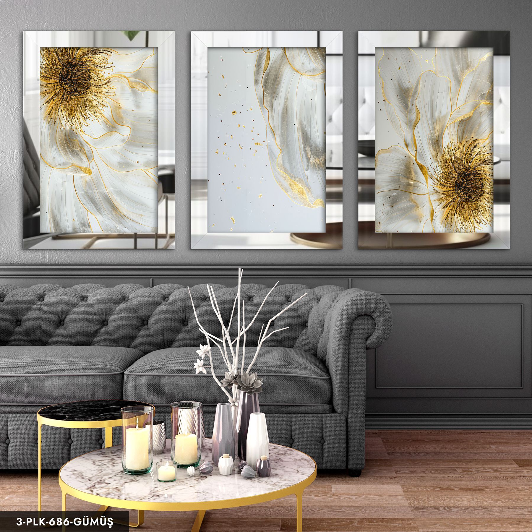 Gold Detaylı Beyaz Çiçek 3 Parça Pleksi Aynalı Tablo 50 x 70 CM - Gümüş