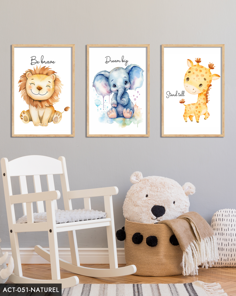 Zürafa, Fil, Aslan Figürlü Çocuklara Özel 3 Parça Ahşap Çerçeveli Tablo ACT Naturel - 20 x 30 CM