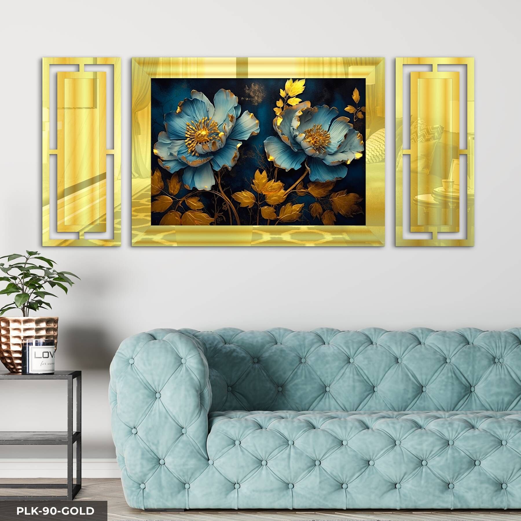 Gold Yapraklı Mavi Çiçek Yan Dekorlu 3 Parça Pleksi Tablo DKRPLK 130 x 25 CM - Gold