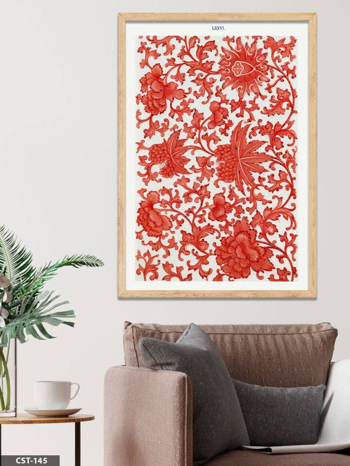 Kırmızı Beyaz Desenli Tek Parça Ahşap Çerçeveli Tablo Naturel - 40 x 60 CM