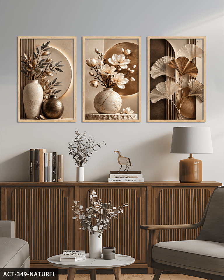 Kahve Yapraklar ve Vazoda Beyaz Çiçek 3 Parça Ahşap Çerçeveli Tablo ACT Naturel - 30 x 40 CM