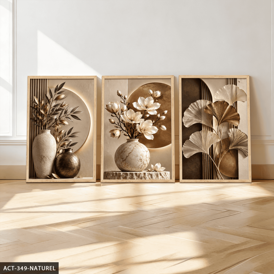 Kahve Yapraklar ve Vazoda Beyaz Çiçek 3 Parça Ahşap Çerçeveli Tablo ACT Naturel - 30 x 40 CM