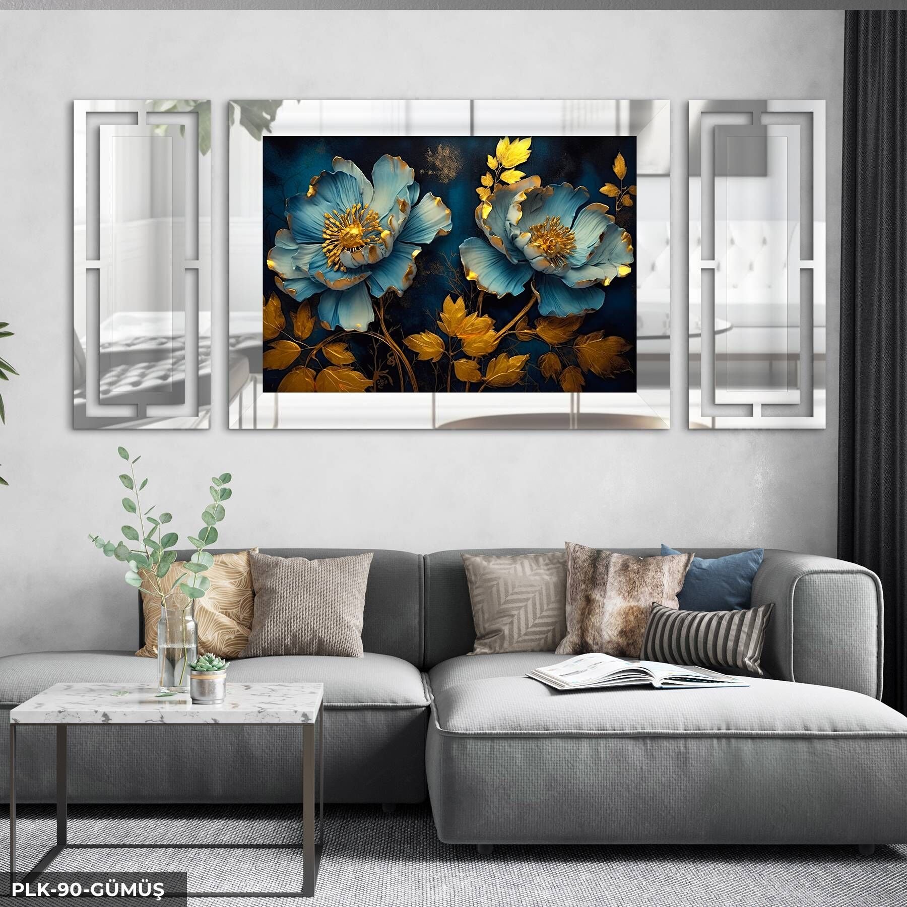 Gold Yapraklı Mavi Çiçek Yan Dekorlu 3 Parça Pleksi Tablo DKRPLK 130 x 25 CM - Gümüş