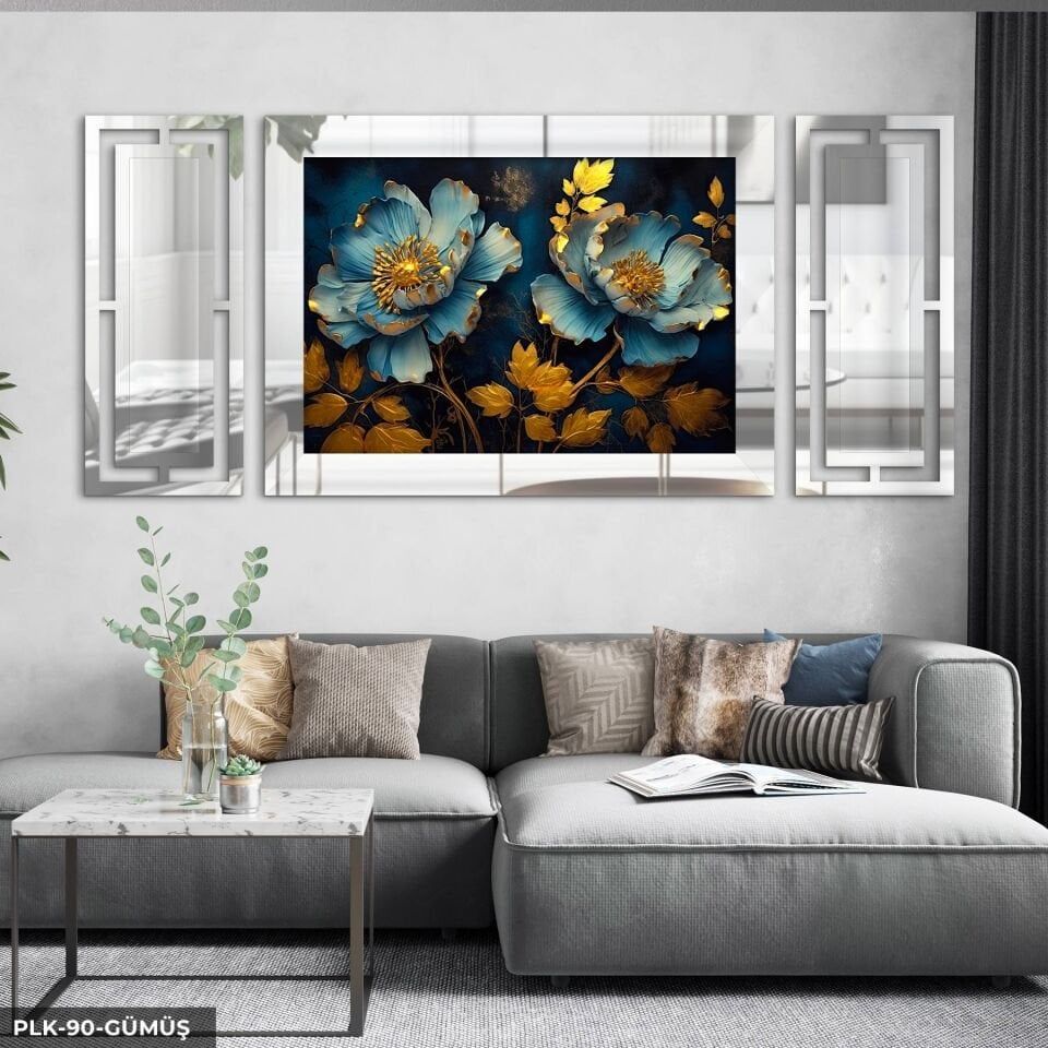 Gold Yapraklı Mavi Çiçek Yan Dekorlu 3 Parça Pleksi Tablo DKRPLK 130 x 25 CM - Gümüş