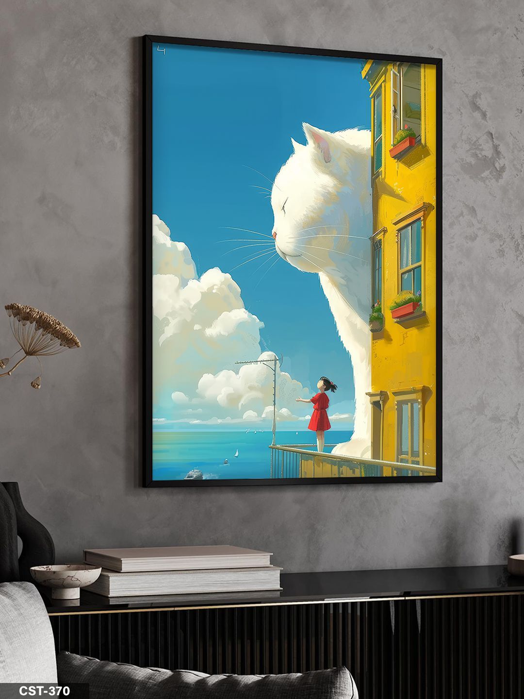 Bulutların Üzerinde Bir Kedi Tek Parça Ahşap Çerçeveli Tablo Siyah - 30 x 40 CM