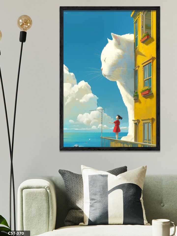 Bulutların Üzerinde Bir Kedi Tek Parça Ahşap Çerçeveli Tablo Siyah - 30 x 40 CM