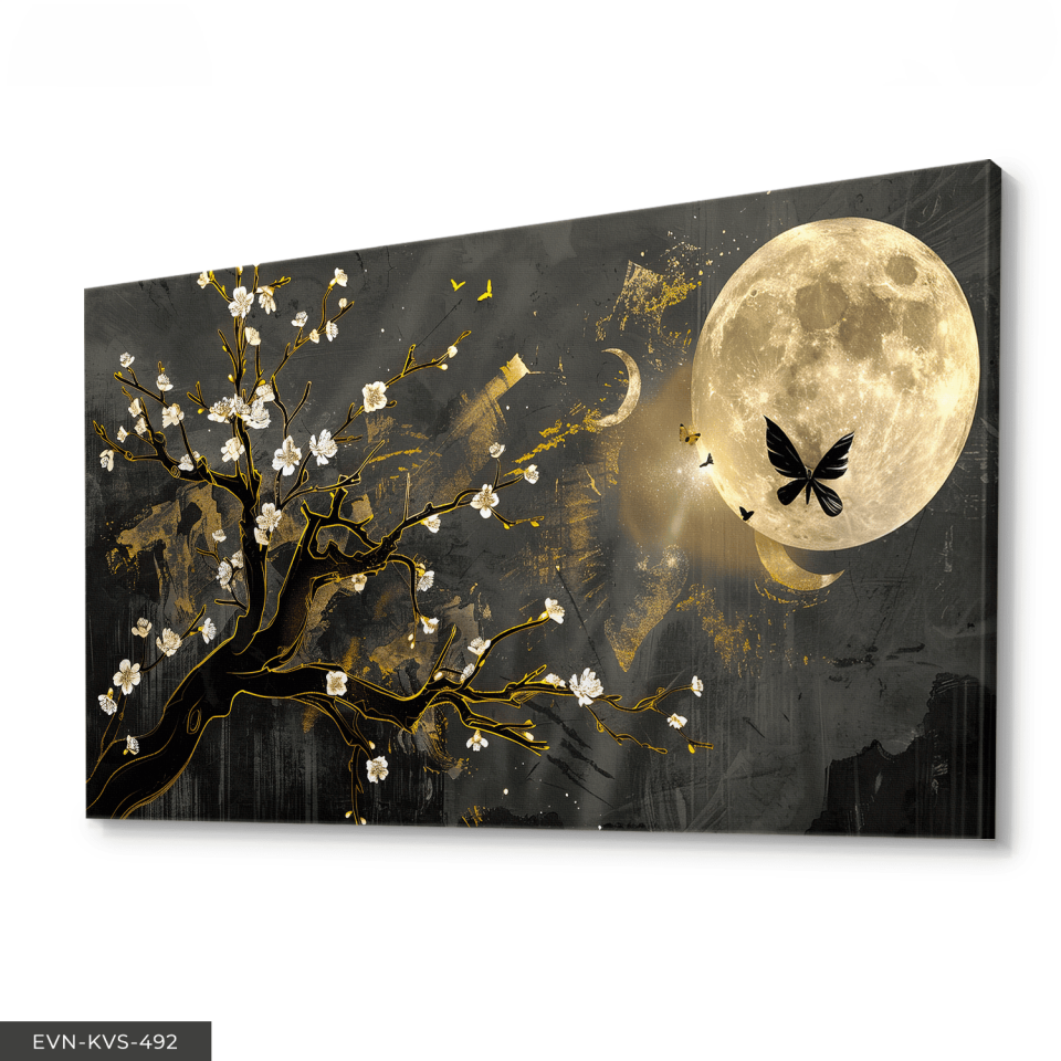 Gold Detaylı Ağaç ve Ay Tek Parça Kanvas - Canvas Tablo 65 x 45 CM - Çok Renkli
