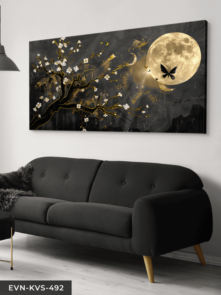 Gold Detaylı Ağaç ve Ay Tek Parça Kanvas - Canvas Tablo 65 x 45 CM - Çok Renkli