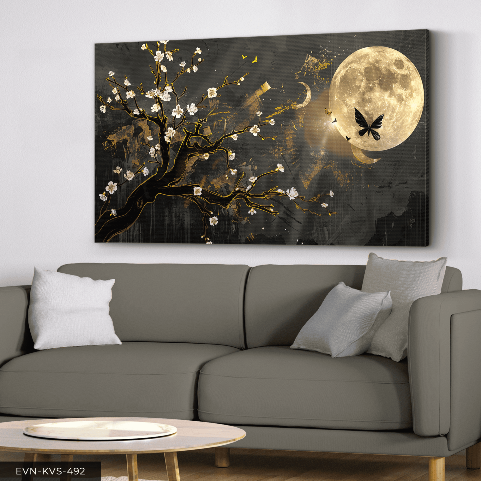 Gold Detaylı Ağaç ve Ay Tek Parça Kanvas - Canvas Tablo 65 x 45 CM - Çok Renkli