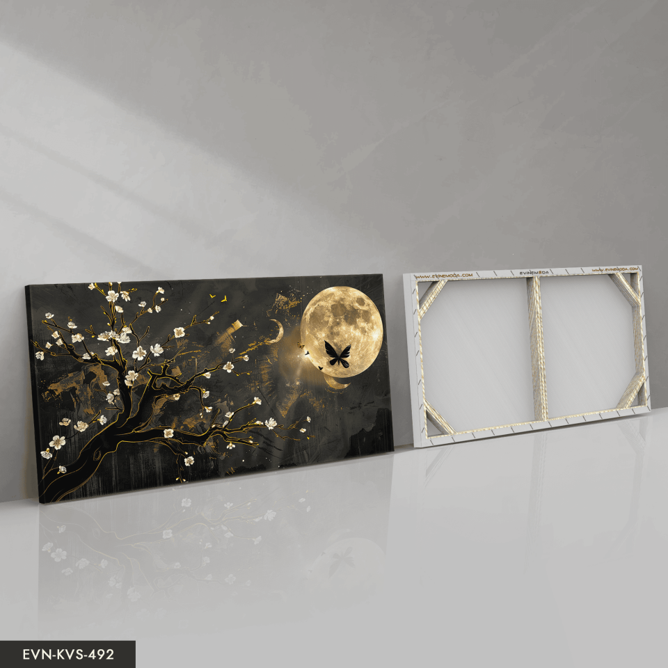 Gold Detaylı Ağaç ve Ay Tek Parça Kanvas - Canvas Tablo 65 x 45 CM - Çok Renkli