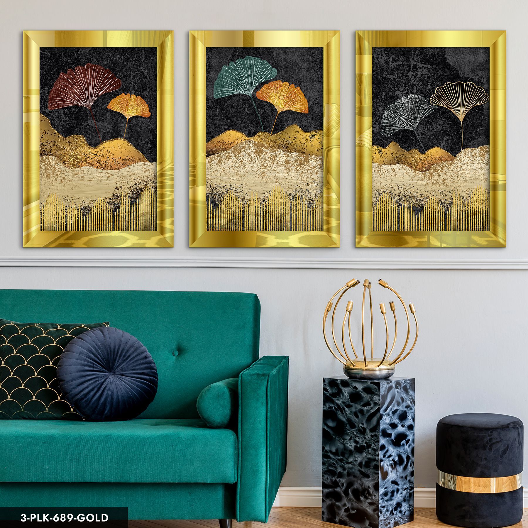 Renkli Yapraklar 3 Parça Pleksi Aynalı Tablo 50 x 70 CM - Gold