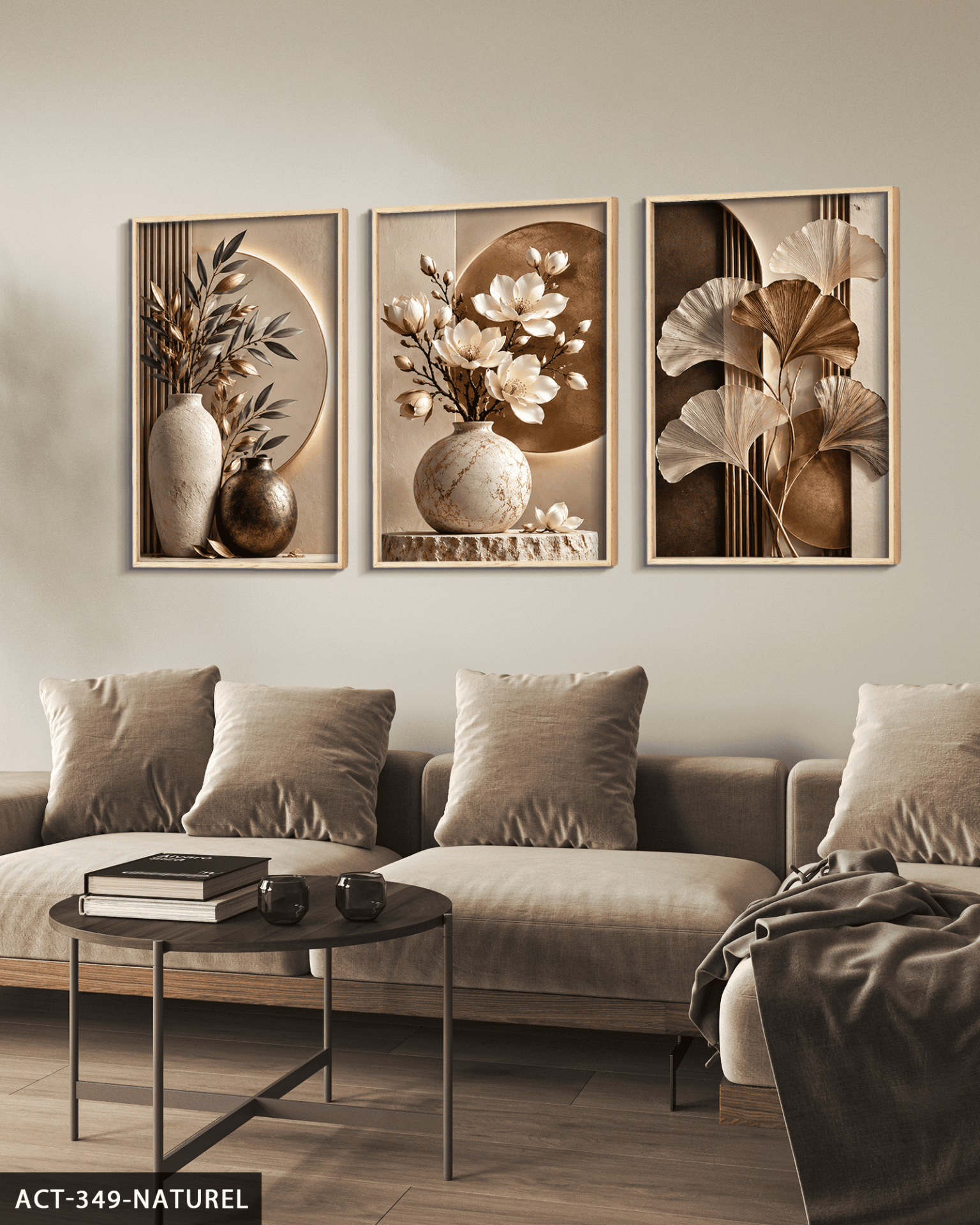 Kahve Yapraklar ve Vazoda Beyaz Çiçek 3 Parça Ahşap Çerçeveli Tablo ACT Naturel - 50 x 70 CM