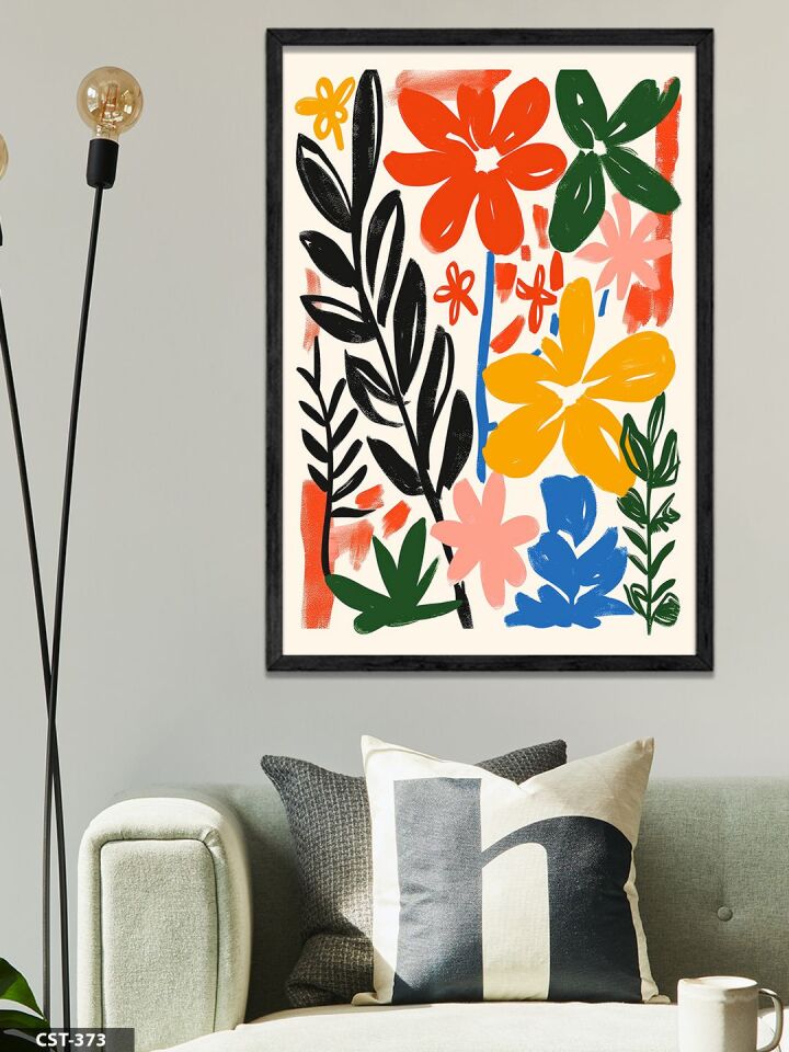 Çizilmiş Çiçekler Tek Parça Ahşap Çerçeveli Tablo Siyah - 30 x 40 CM
