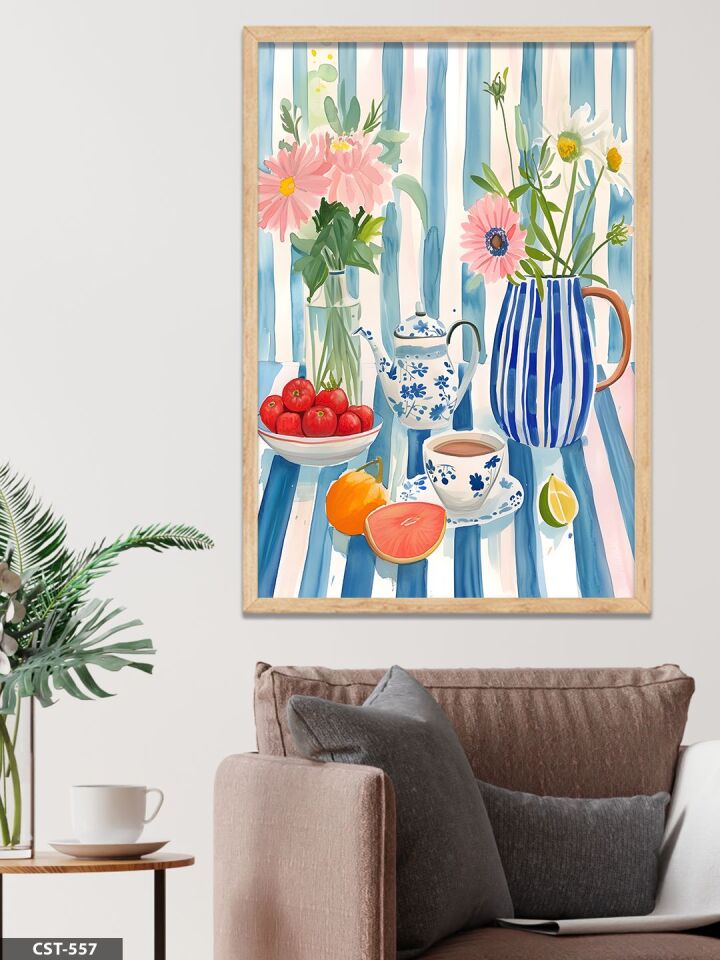 Sulu Boya Görünümlü Natürmort Tek Parça Ahşap Çerçeveli Tablo Naturel - 50 x 70 CM