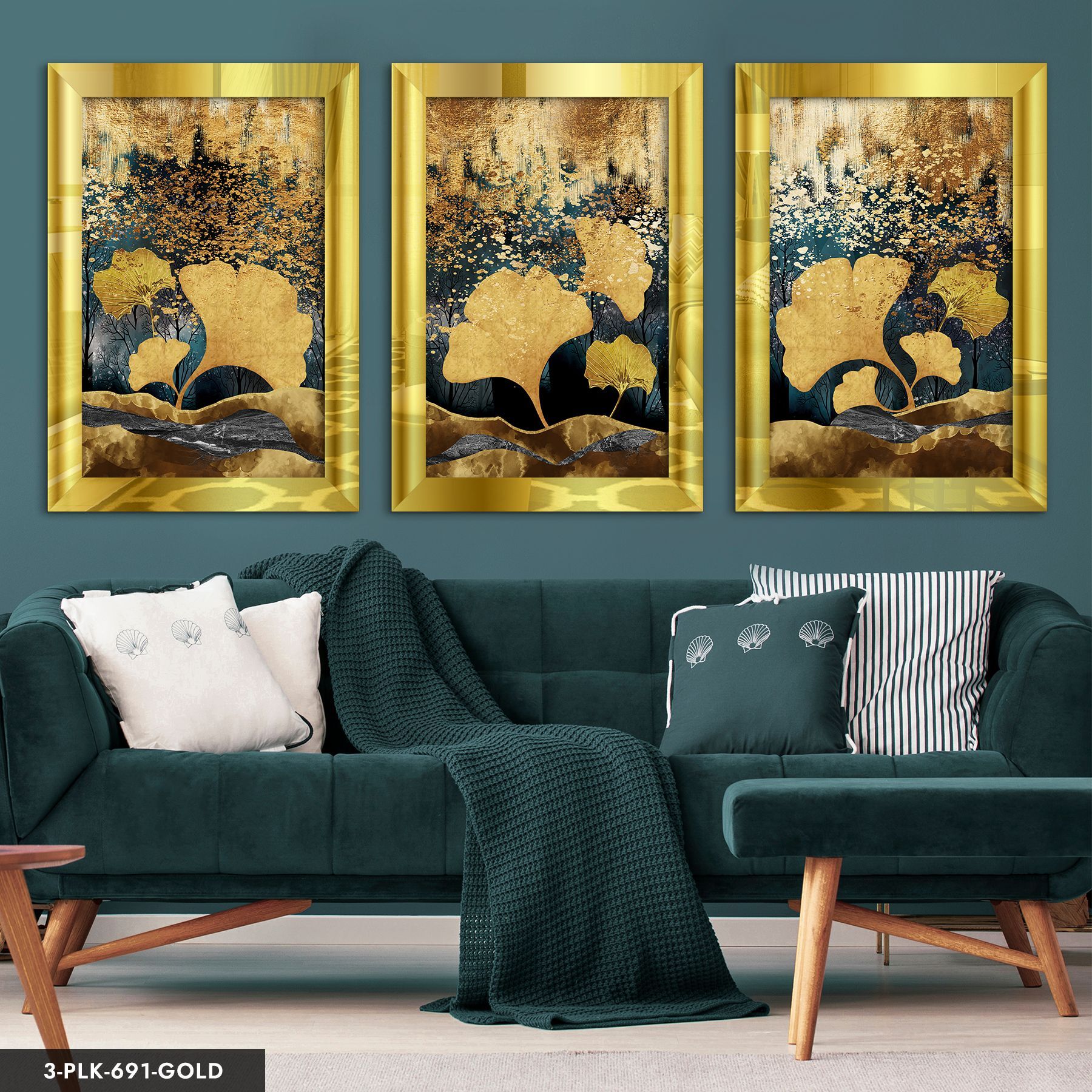 Gold Yapraklar 3 Parça Pleksi Aynalı Tablo 50 x 70 CM - Gold