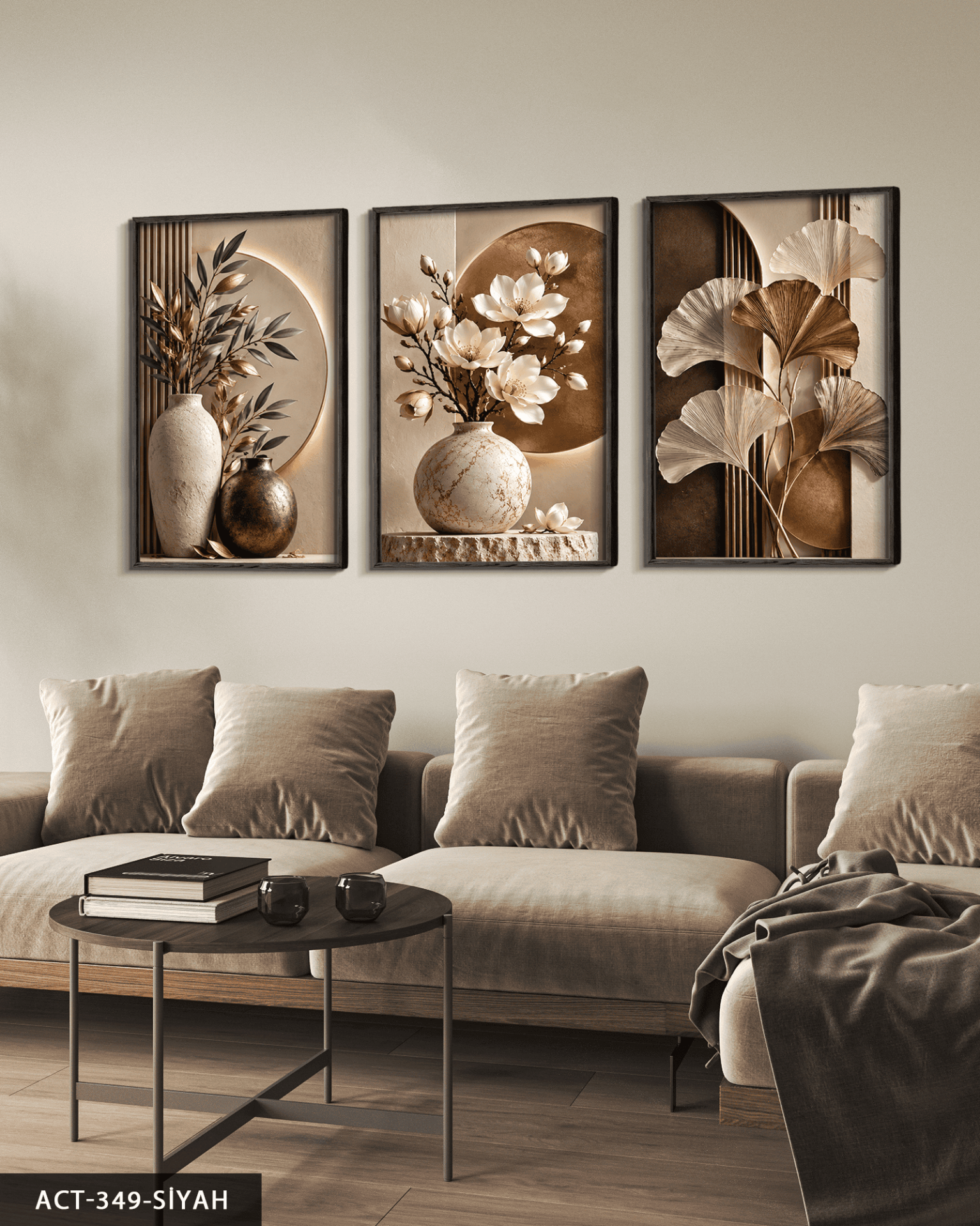 Kahve Yapraklar ve Vazoda Beyaz Çiçek 3 Parça Ahşap Çerçeveli Tablo ACT Siyah - 40 x 60 CM