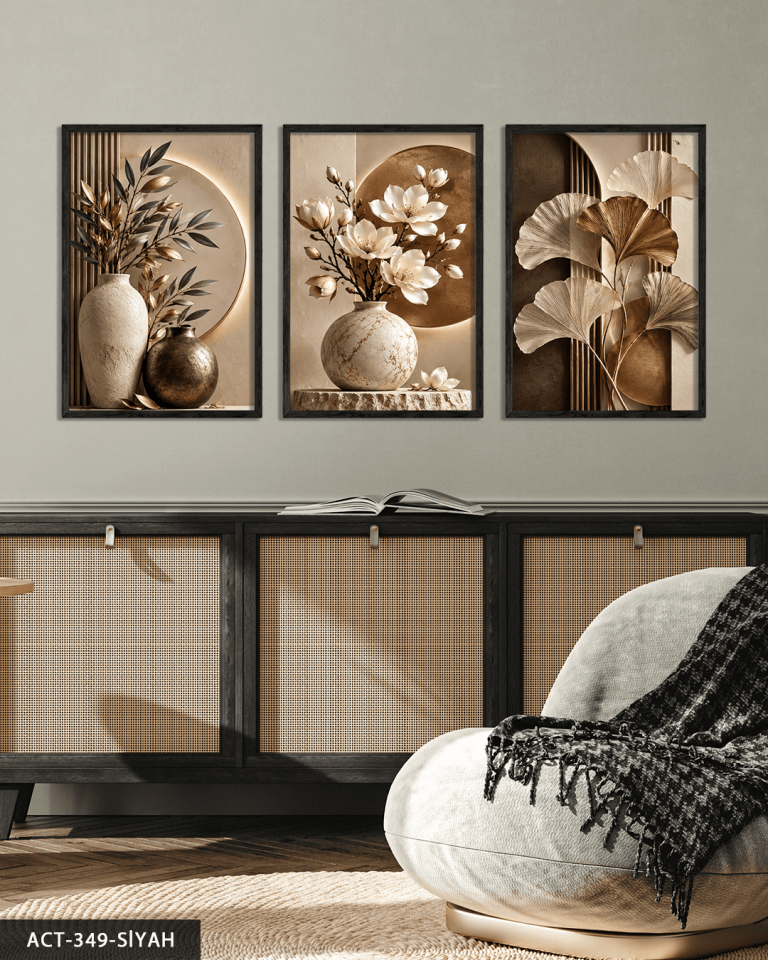 Kahve Yapraklar ve Vazoda Beyaz Çiçek 3 Parça Ahşap Çerçeveli Tablo ACT Siyah - 40 x 60 CM