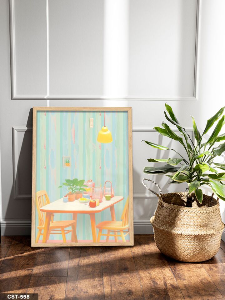 Pastel Tonlarında Cafe Tek Parça Ahşap Çerçeveli Tablo Naturel - 50 x 70 CM