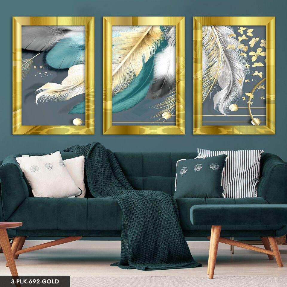 Kelebek ve Renkli Tüyler 3 Parça Pleksi Aynalı Tablo 50 x 70 CM - Gold