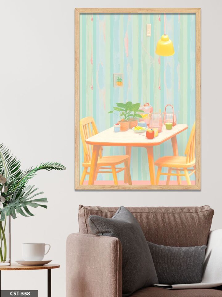 Pastel Tonlarında Cafe Tek Parça Ahşap Çerçeveli Tablo Naturel - 50 x 70 CM