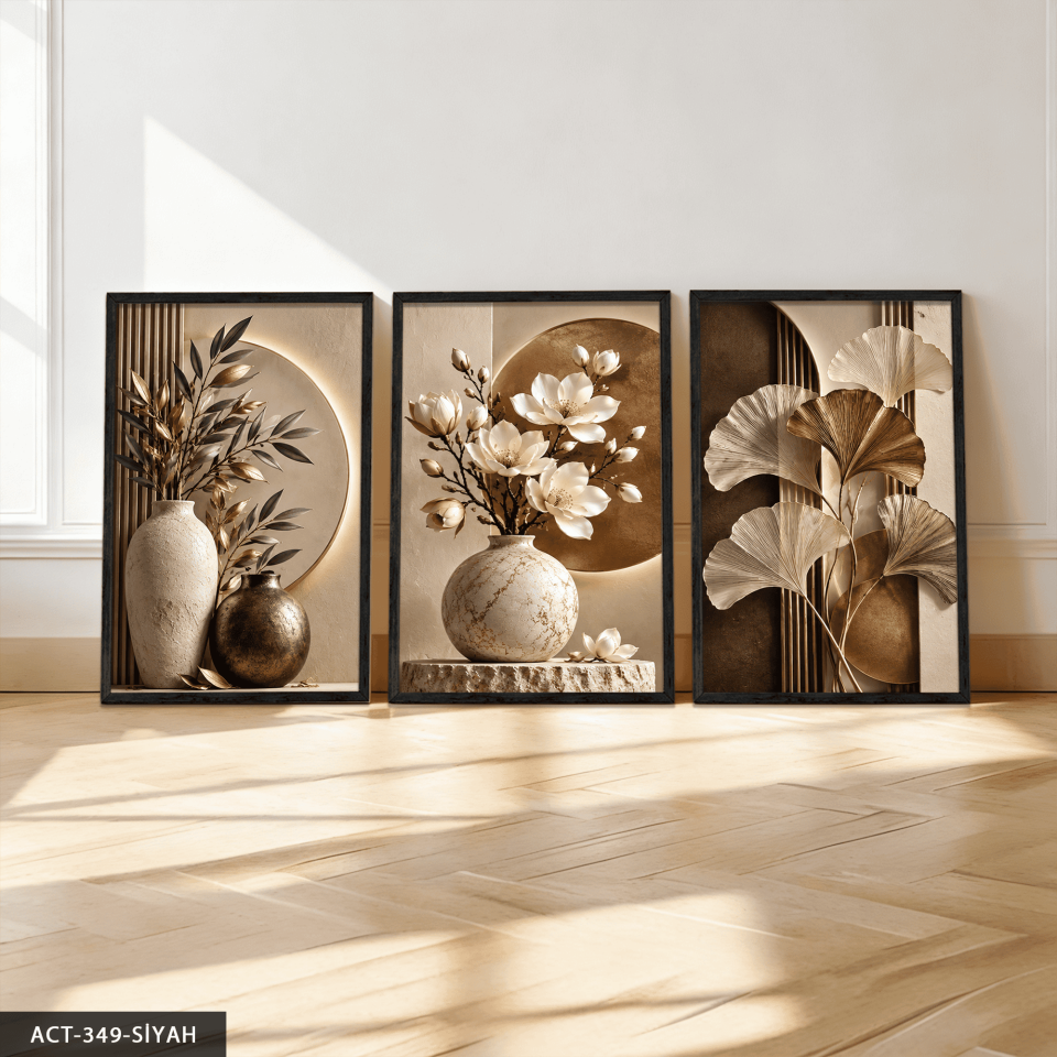 Kahve Yapraklar ve Vazoda Beyaz Çiçek 3 Parça Ahşap Çerçeveli Tablo ACT Siyah - 50 x 70 CM