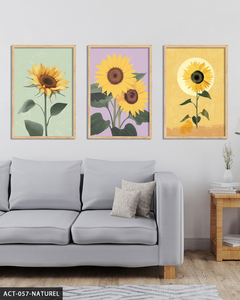 Ay çiçekleri 3 Parça Ahşap Çerçeveli Tablo Naturel - 20 x 30 CM