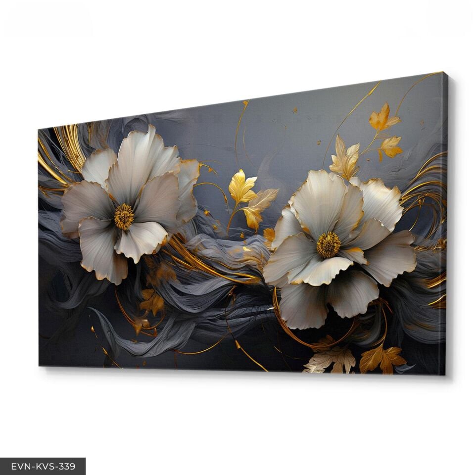 Çiçekler Gold Detay Tek Parça Kanvas - Canvas Tablo