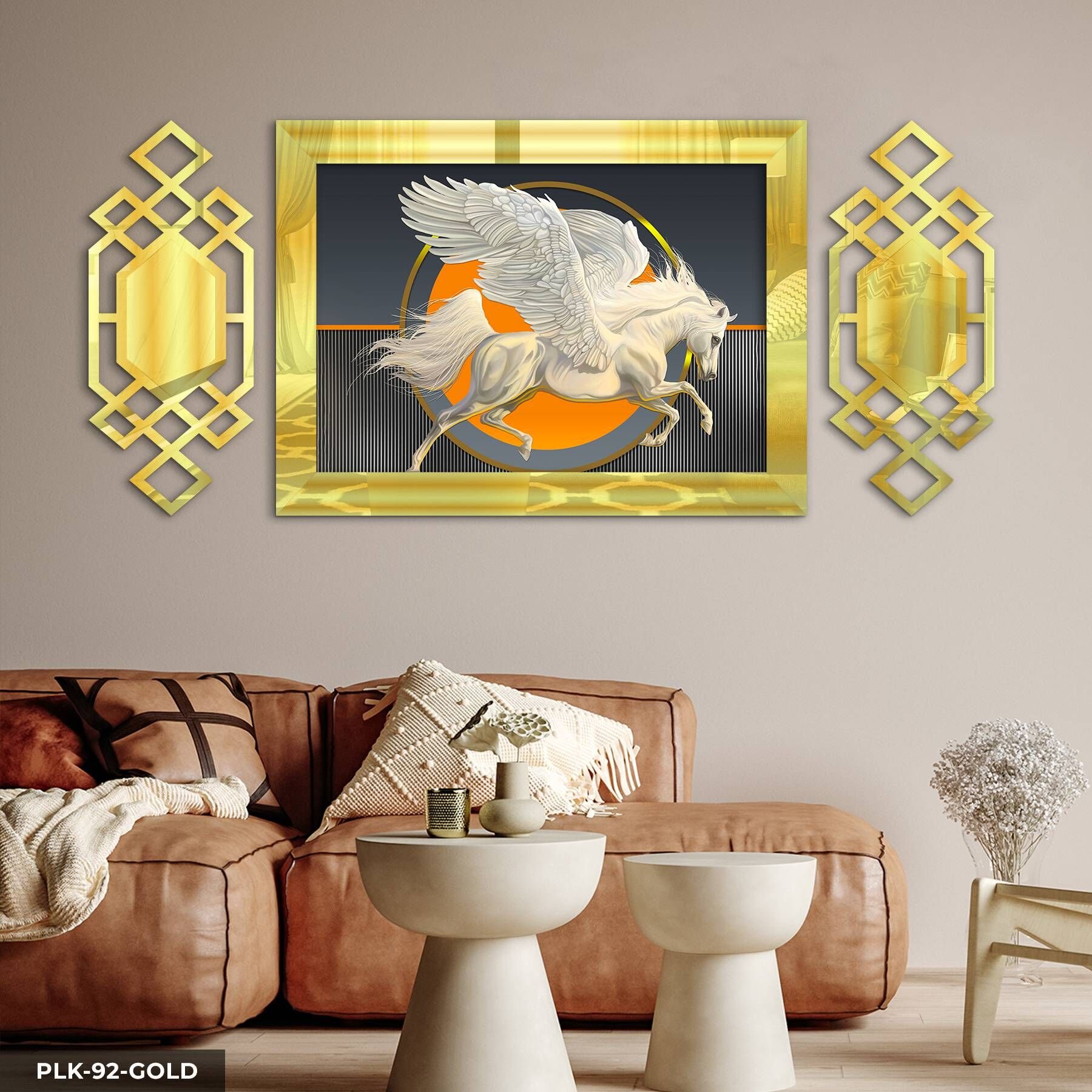 Kanatlı At Yan Dekorlu 3 Parça Pleksi Tablo DKRPLK 130 x 25 CM - Gold
