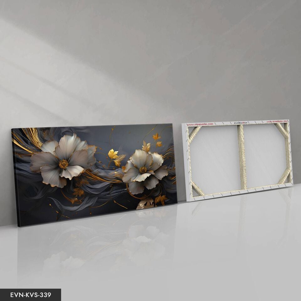 Çiçekler Gold Detay Tek Parça Kanvas - Canvas Tablo