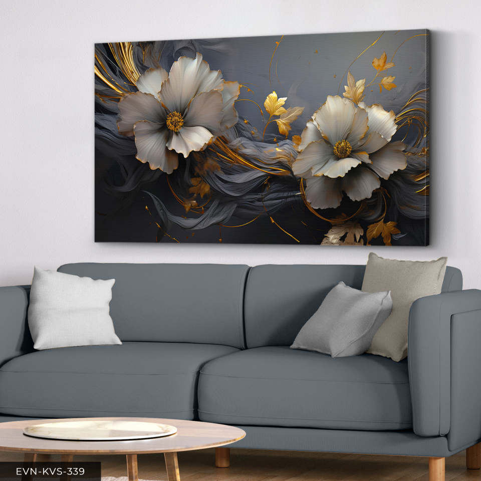 Çiçekler Gold Detay Tek Parça Kanvas - Canvas Tablo 40 x 30 CM - Çok Renkli
