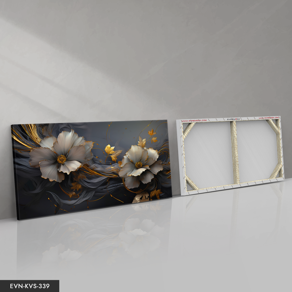 Çiçekler Gold Detay Tek Parça Kanvas - Canvas Tablo 40 x 30 CM - Çok Renkli