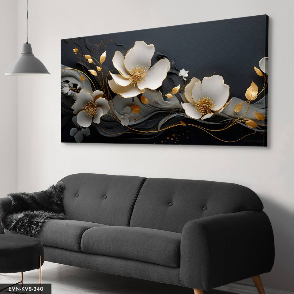Çiçekler Gold Detay Tek Parça Kanvas - Canvas Tablo 140 x 90 CM - Çok Renkli