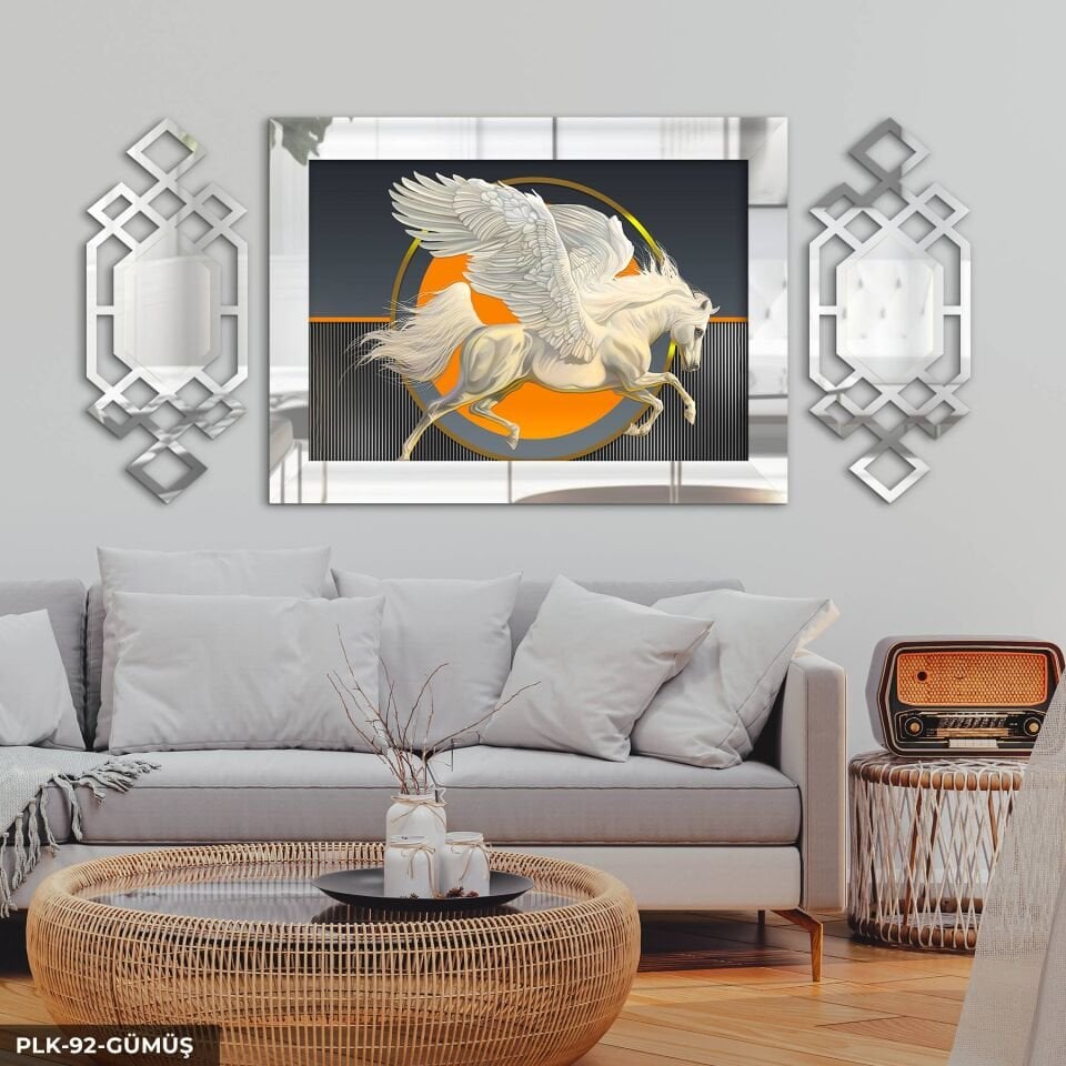 Kanatlı At Yan Dekorlu 3 Parça Pleksi Tablo DKRPLK 130 x 25 CM - Gümüş