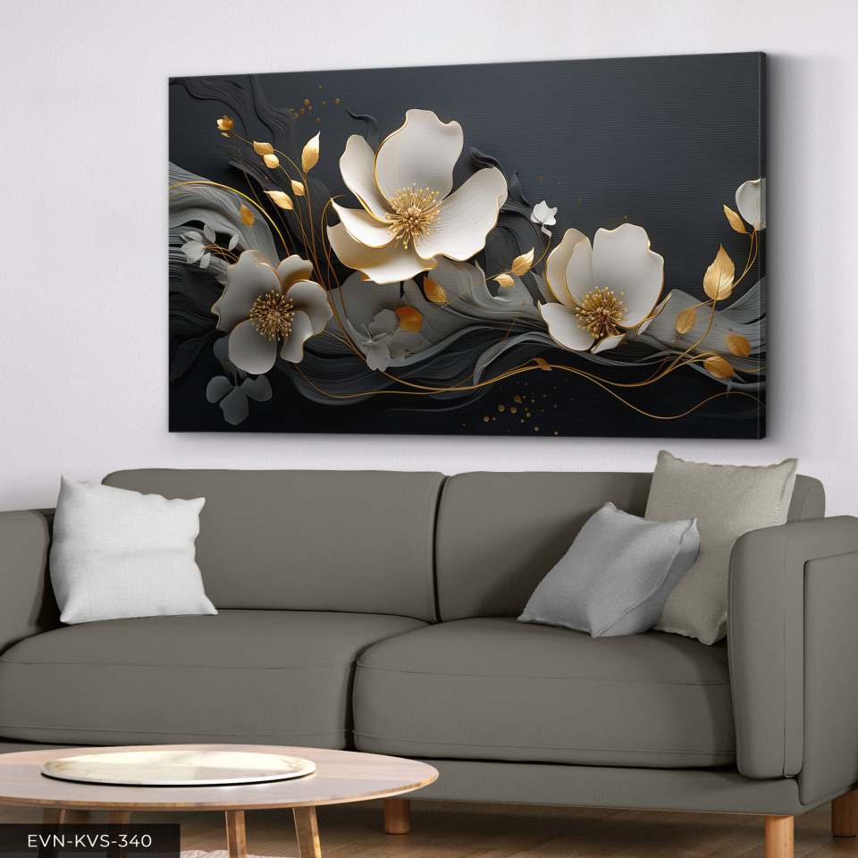 Çiçekler Gold Detay Tek Parça Kanvas - Canvas Tablo 140 x 90 CM - Çok Renkli