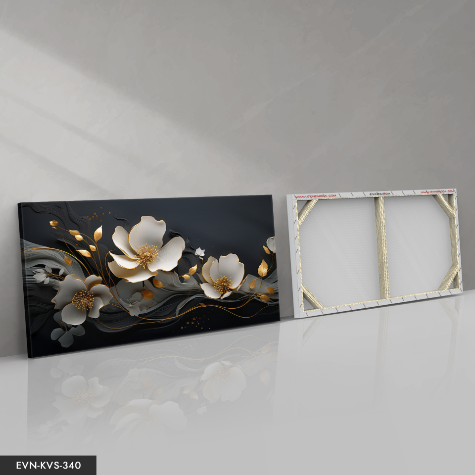 Çiçekler Gold Detay Tek Parça Kanvas - Canvas Tablo 140 x 90 CM - Çok Renkli