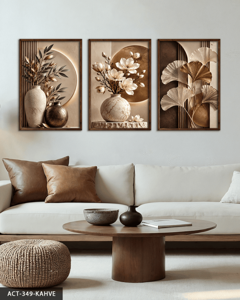 Kahve Yapraklar ve Vazoda Beyaz Çiçek 3 Parça Ahşap Çerçeveli Tablo ACT Kahverengi - 30 x 40 CM