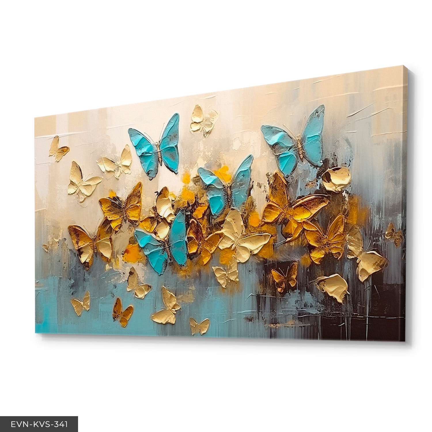 Mavi Kelebekler Gold Arkaplan Detaylı Tek Parça Kanvas - Canvas Tablo 140 x 90 CM - Çok Renkli
