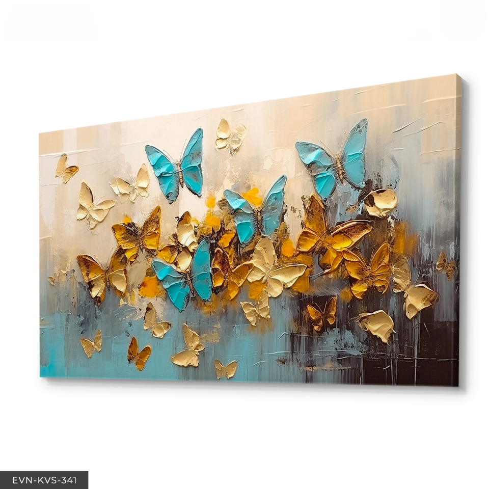 Mavi Kelebekler Gold Arkaplan Detaylı Tek Parça Kanvas - Canvas Tablo 140 x 90 CM - Çok Renkli