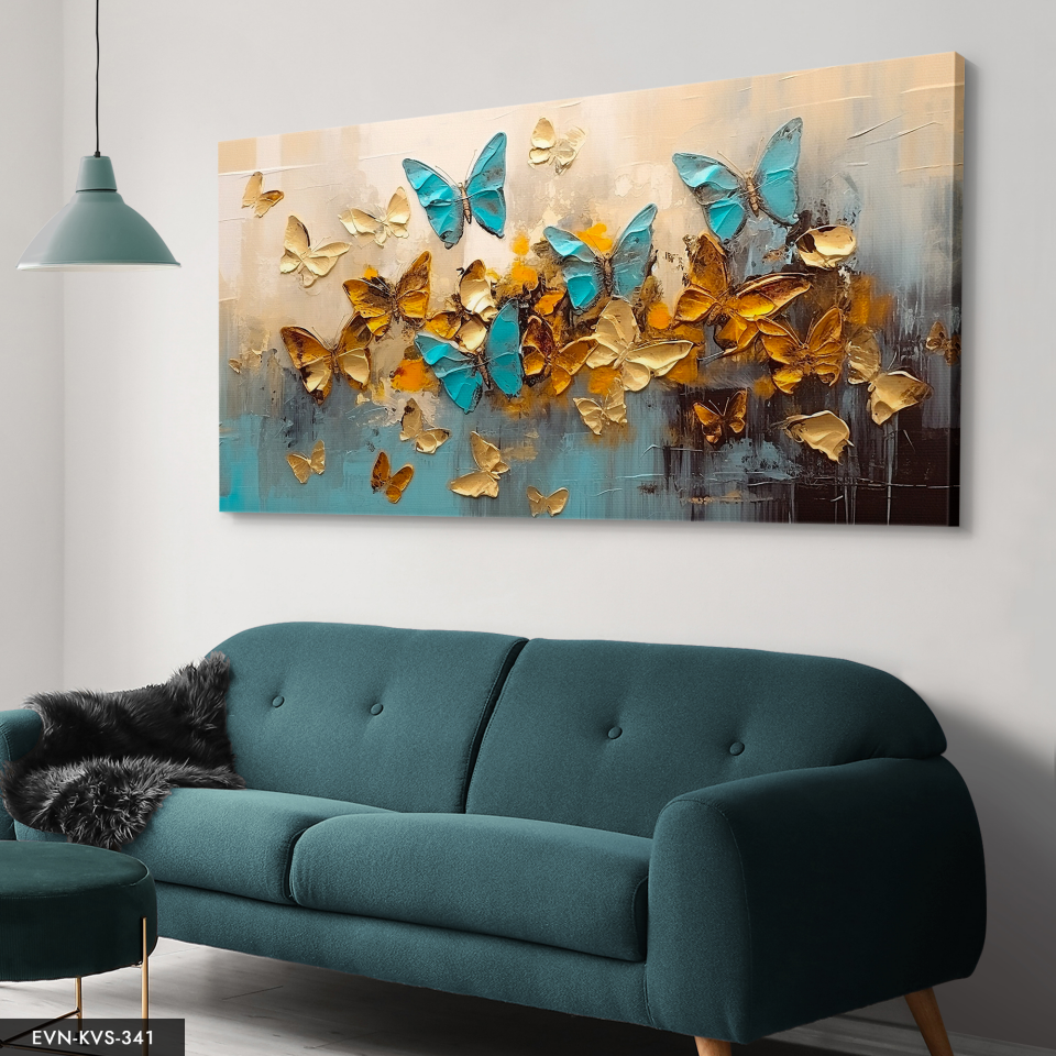 Mavi Kelebekler Gold Arkaplan Detaylı Tek Parça Kanvas - Canvas Tablo 140 x 90 CM - Çok Renkli