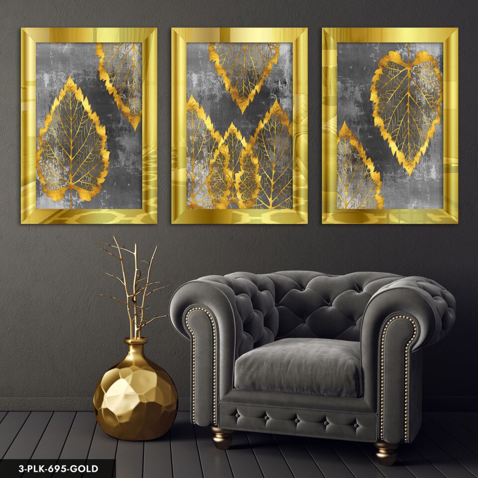 Gold Yapraklar 3 Parça Pleksi Aynalı Tablo 50 x 70 CM - Gold