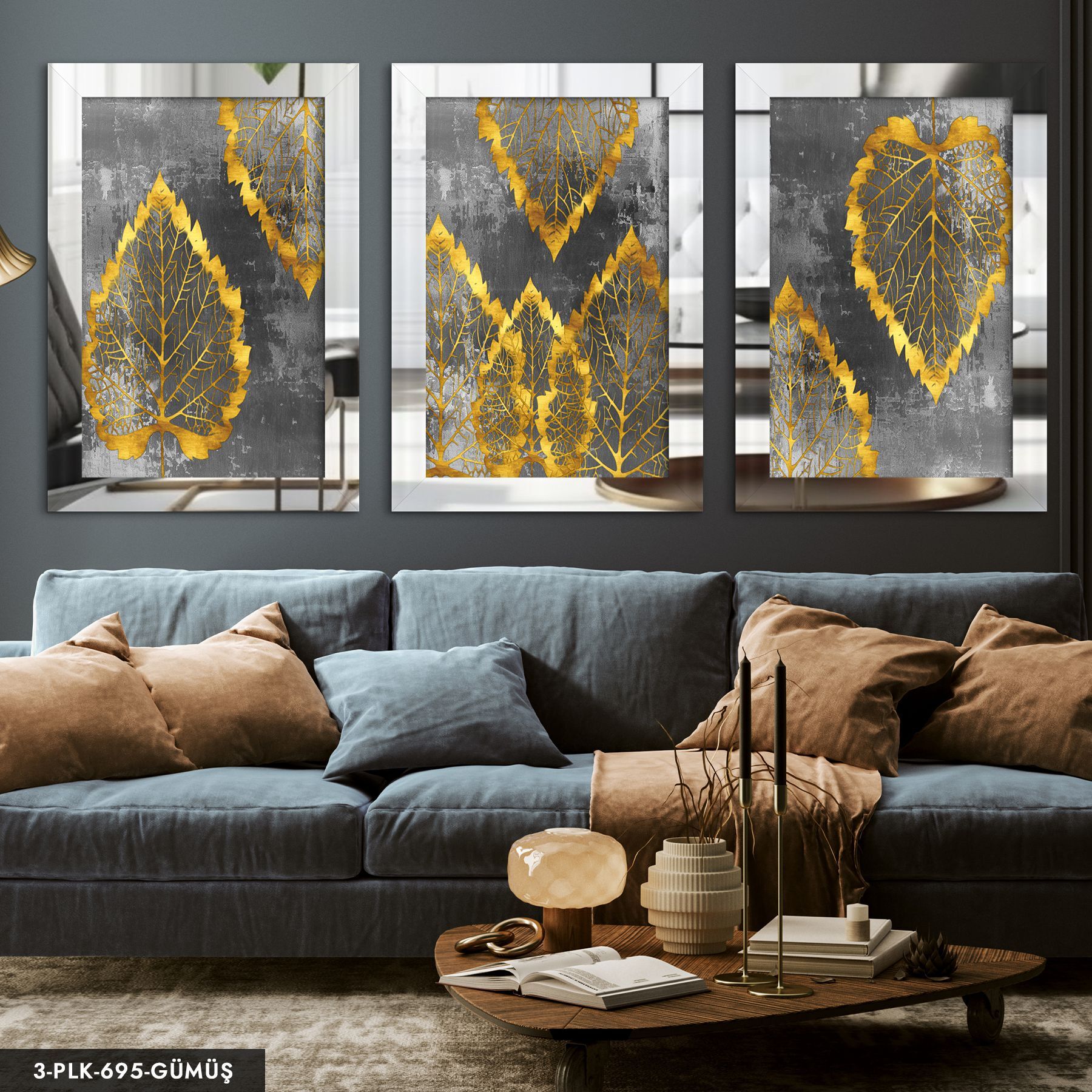 Gold Yapraklar 3 Parça Pleksi Aynalı Tablo 50 x 70 CM - Gümüş